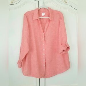 Sigrid Olsen Orange Linen Long Roll Tab Sleeve Button Front Tunic Top 2X